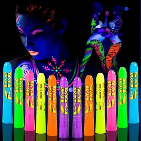 12 Pcs Glow in The Dark Face Body Paint, UV Black Light Glow Makeup Kit for Kids Adult, Non-Toxic Fluorescent Face Paints Crayons for Birthday Party Halloween Masquerade Makeup