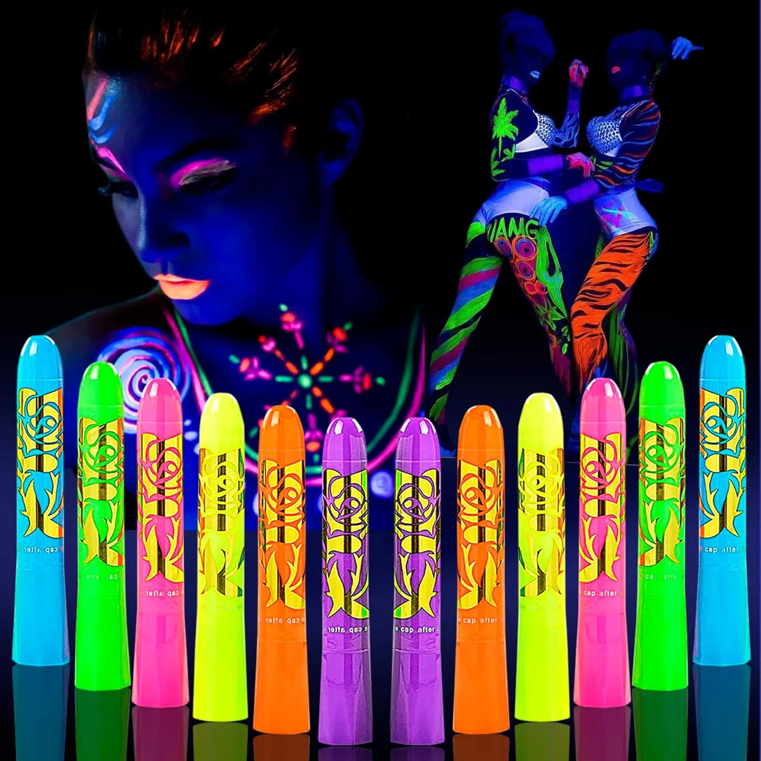 12 Pcs Glow in The Dark Face Body Paint, UV Black Light Glow Makeup Kit for Kids Adult, Non-Toxic Fluorescent Face Paints Crayons for Birthday Party Halloween Masquerade Makeup