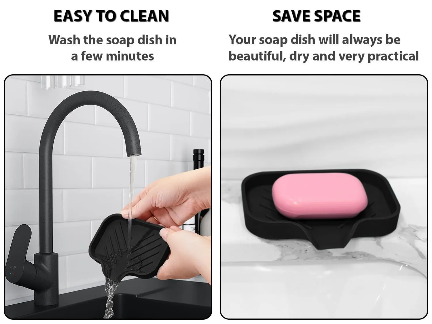 2 Pcs Black Silicone Self Draining Rectangular Soap Dishes Waterfall Soap Dish