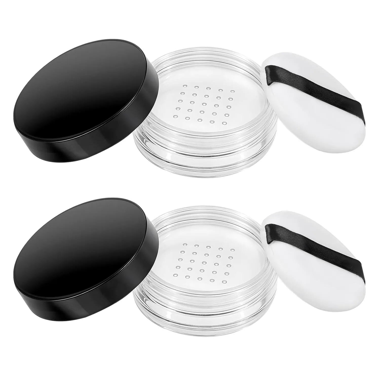2 Pcs Empty Makeup Container, 10ml/0.34oz Plastic Travel Powder Container with Puff, Loose Powder Containers, Refillable Powder Bottle Box with Rotatable Sifter and Black Screw Lid