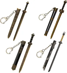 4 Pcs Mini Katana Keychain Chinese Ancient Mini Sword Keychain Metal Katana Toy Model with Pull Out Mini Sword Shaped Letter Parcel Opener Sword Ornaments