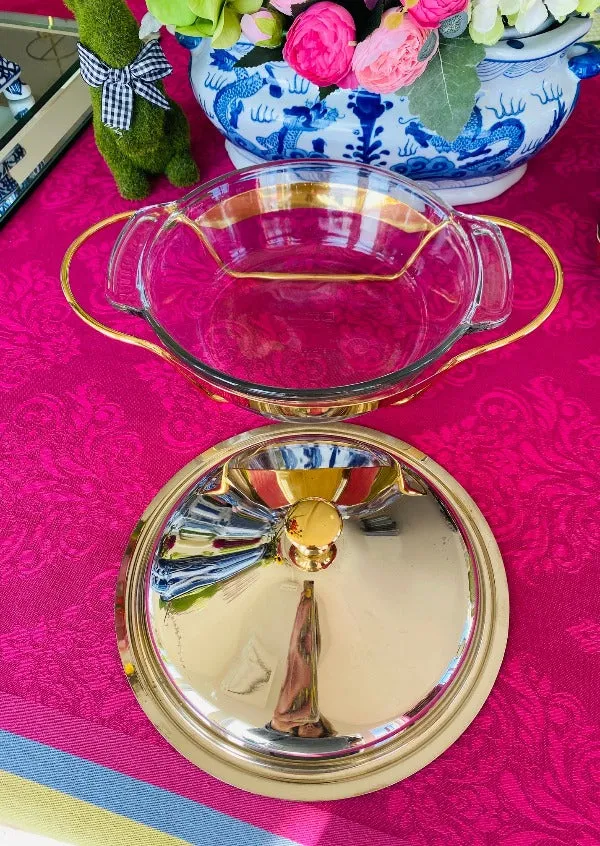 Anchor  Hocking/Fire King Casserole Dish, Ovenware MCM Gold and Silver Metal  Round 3 Piece Set