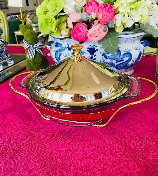 Anchor  Hocking/Fire King Casserole Dish, Ovenware MCM Gold and Silver Metal  Round 3 Piece Set