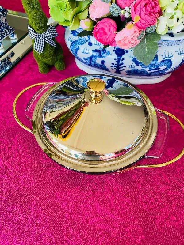 Anchor  Hocking/Fire King Casserole Dish, Ovenware MCM Gold and Silver Metal  Round 3 Piece Set