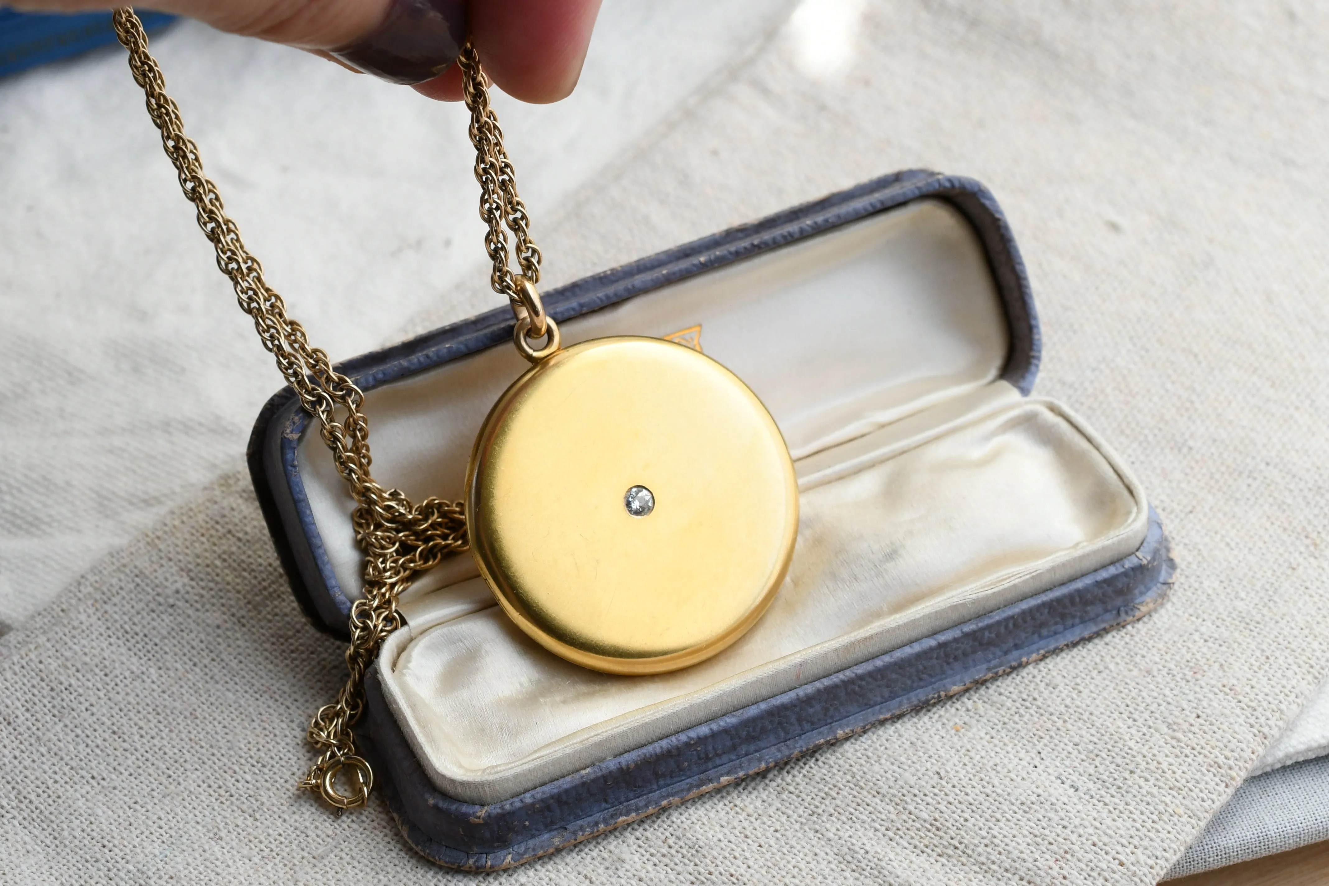 Antique 14K Solid Gold 0.12-0.13CT Old Cut Diamond Locket Necklace, Carter, Gough & Co, Monogram EFB, 24" Chain