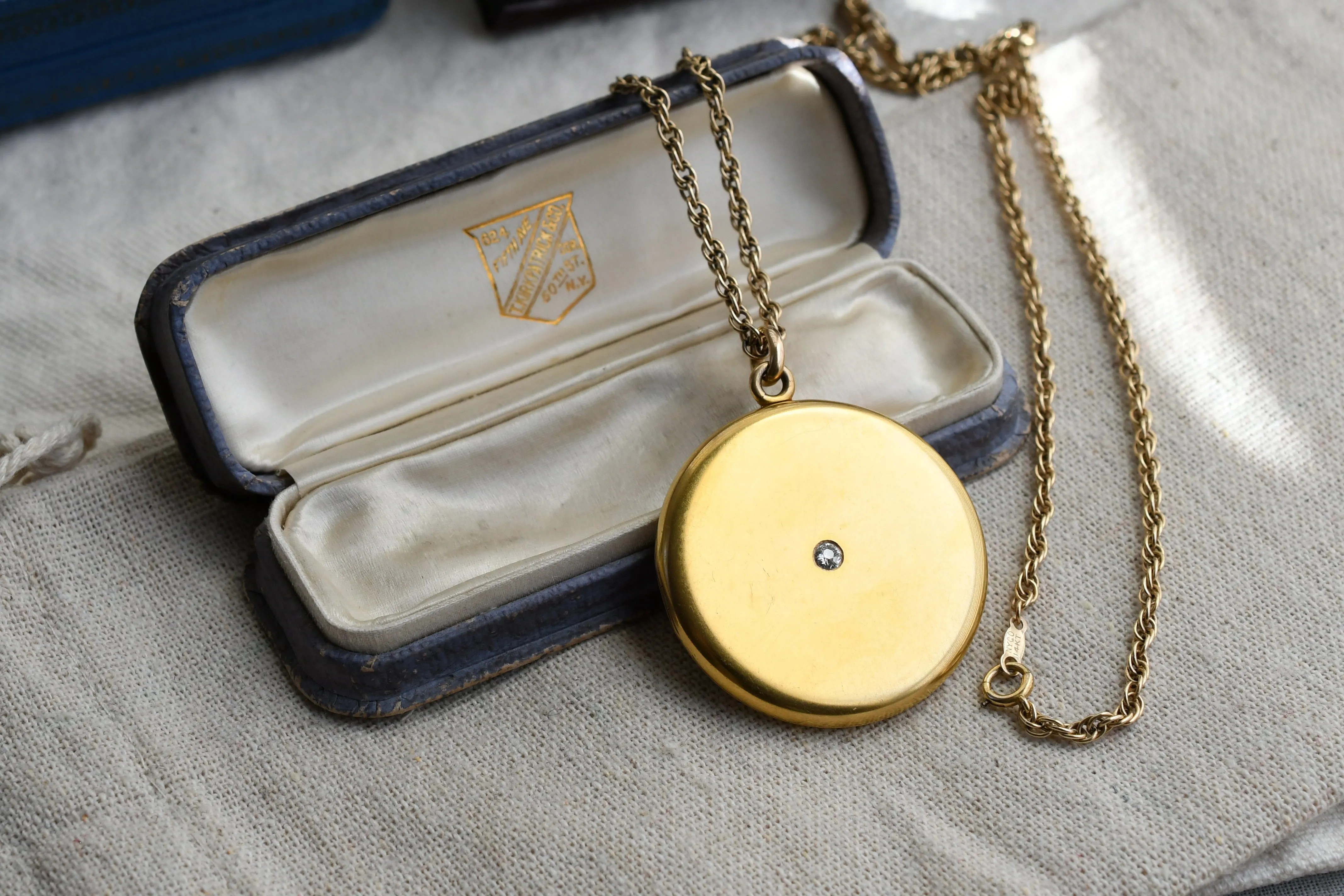Antique 14K Solid Gold 0.12-0.13CT Old Cut Diamond Locket Necklace, Carter, Gough & Co, Monogram EFB, 24" Chain