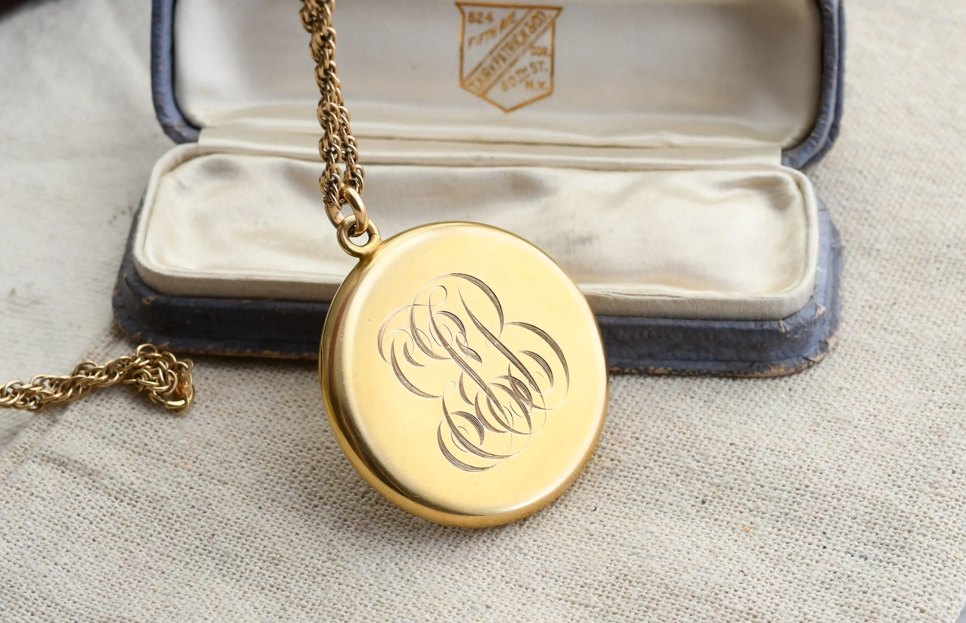 Antique 14K Solid Gold 0.12-0.13CT Old Cut Diamond Locket Necklace, Carter, Gough & Co, Monogram EFB, 24" Chain