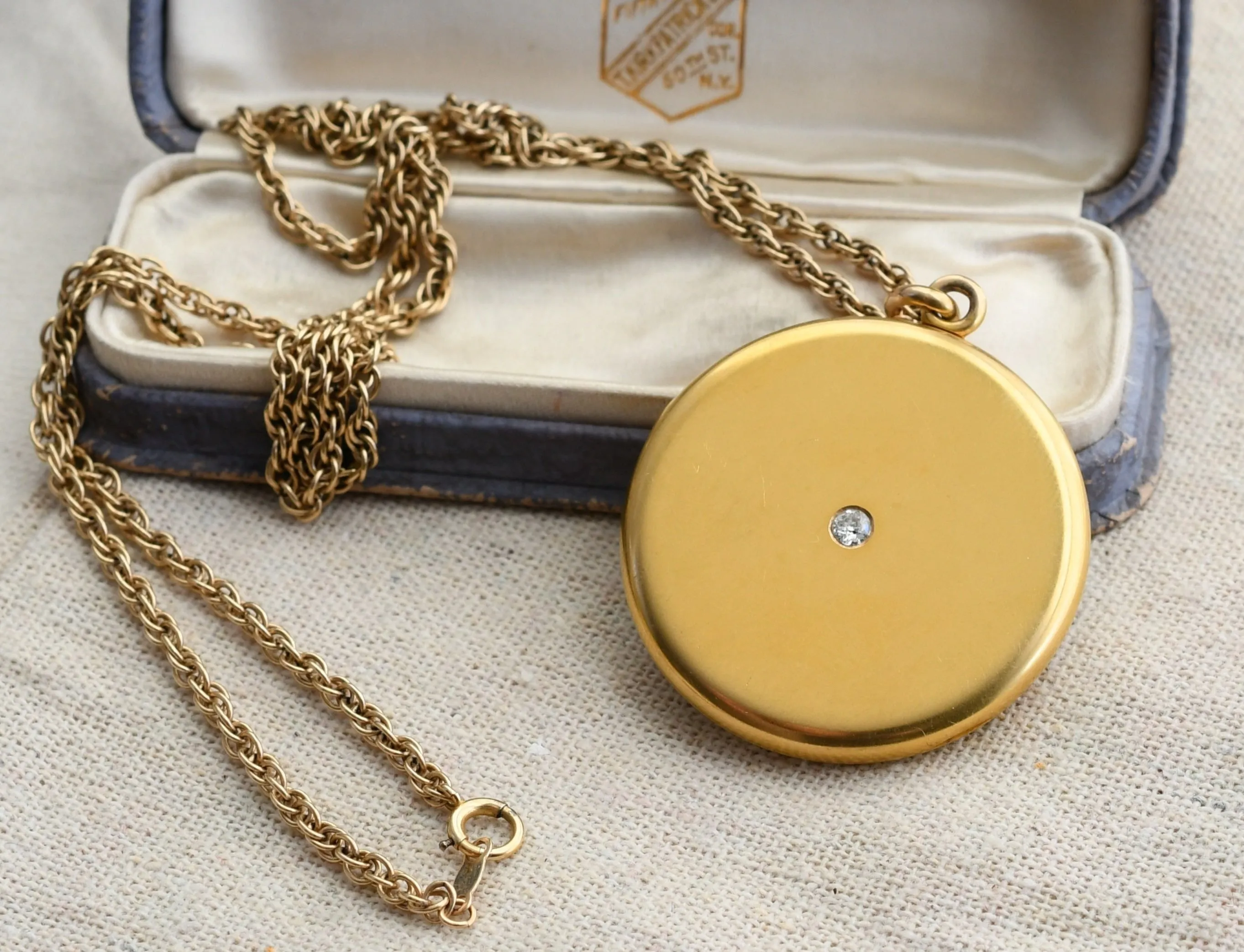 Antique 14K Solid Gold 0.12-0.13CT Old Cut Diamond Locket Necklace, Carter, Gough & Co, Monogram EFB, 24" Chain