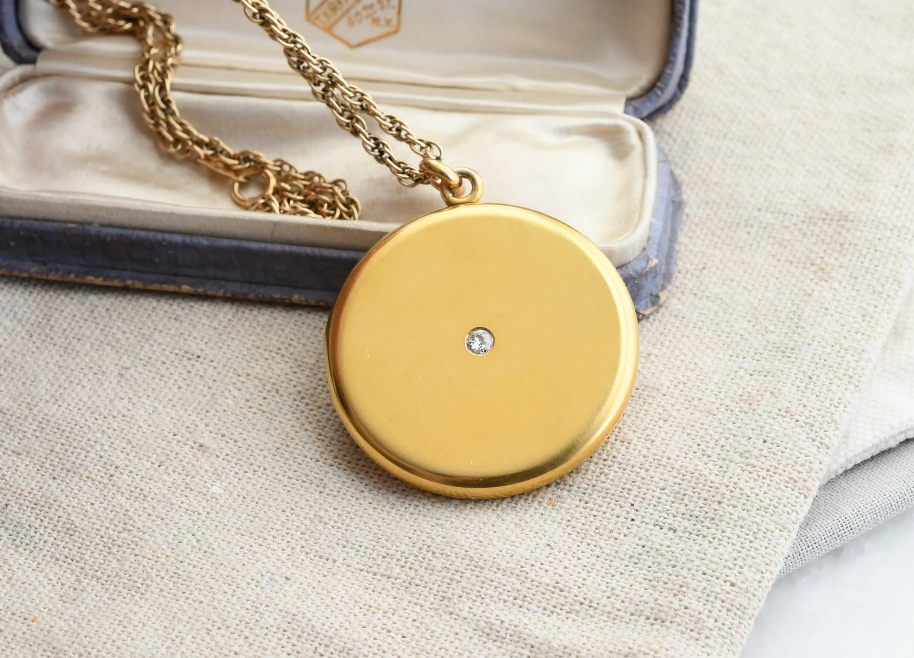 Antique 14K Solid Gold 0.12-0.13CT Old Cut Diamond Locket Necklace, Carter, Gough & Co, Monogram EFB, 24" Chain