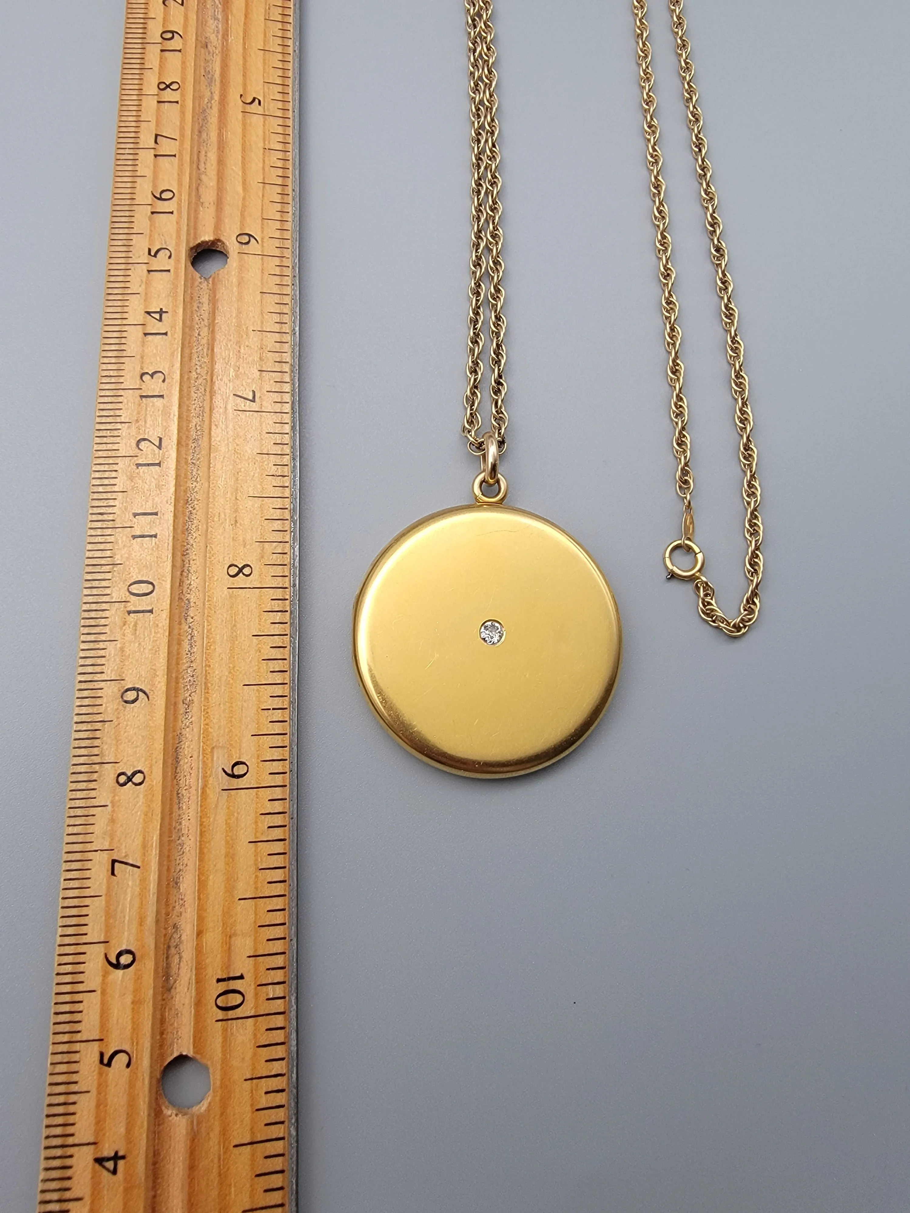 Antique 14K Solid Gold 0.12-0.13CT Old Cut Diamond Locket Necklace, Carter, Gough & Co, Monogram EFB, 24" Chain