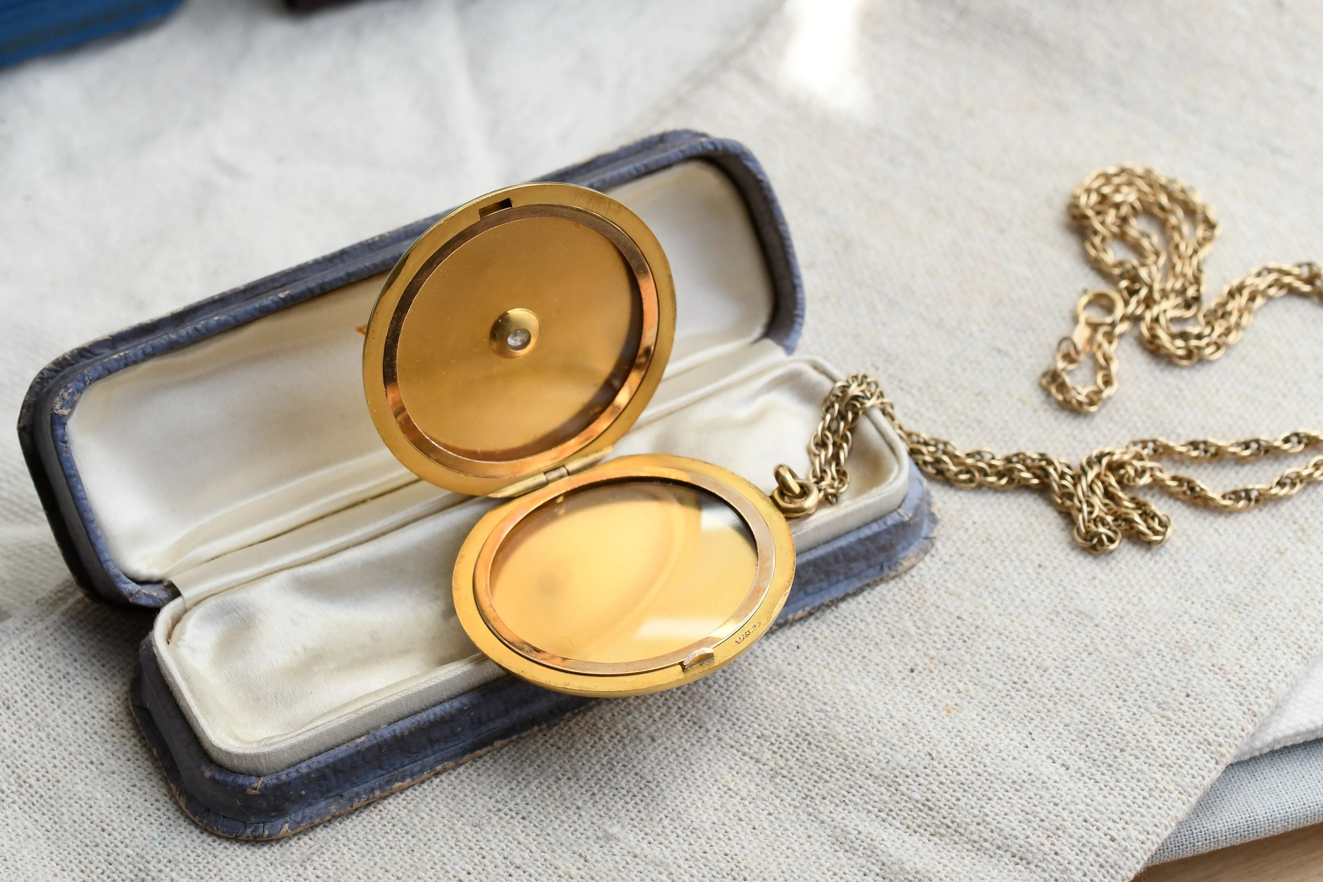 Antique 14K Solid Gold 0.12-0.13CT Old Cut Diamond Locket Necklace, Carter, Gough & Co, Monogram EFB, 24" Chain
