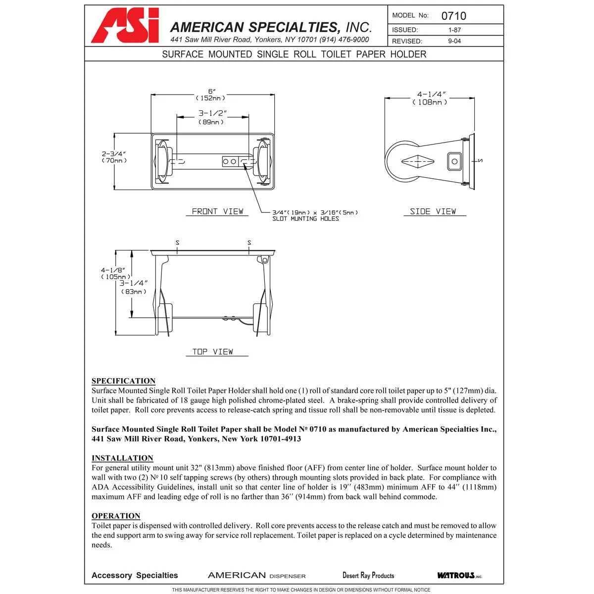 ASI 0710 Commercial Toilet Paper Dispenser, Surface-Mounted, Steel w/ Chrome Finish