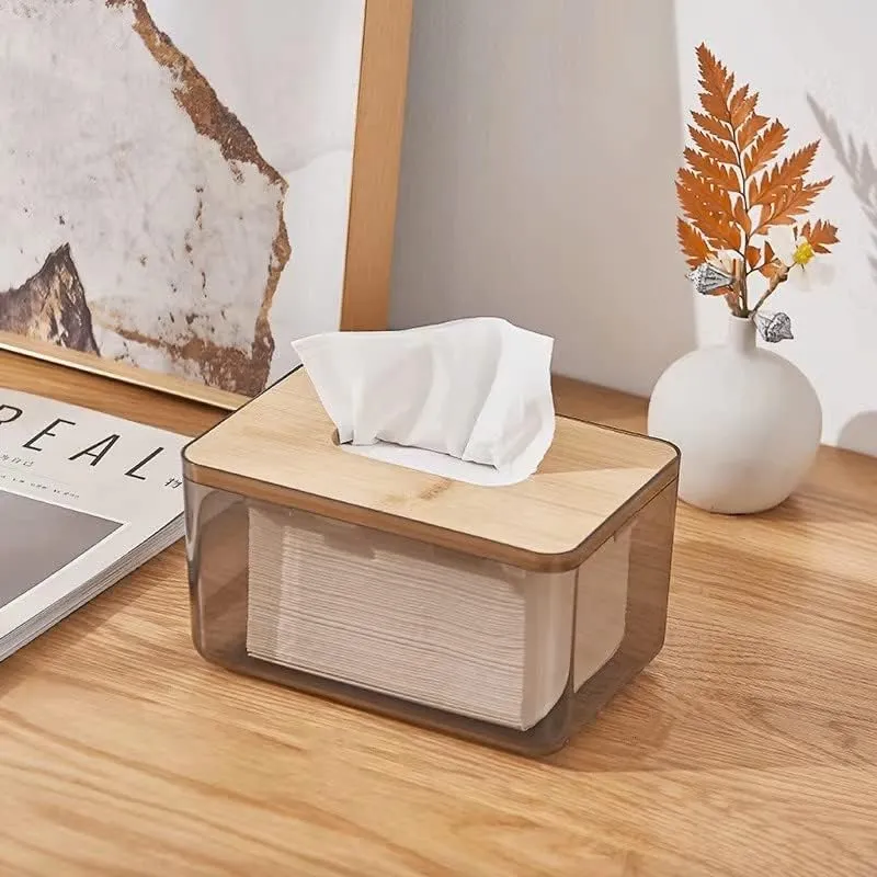 Bamboo Lid Tissue Paper Box-(5303)Large Transparent