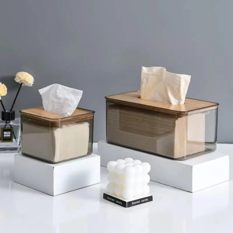 Bamboo Lid Tissue Paper Box-(5303)Large Transparent
