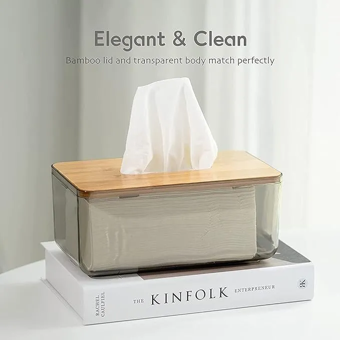 Bamboo Lid Tissue Paper Box-(5303)Large Transparent