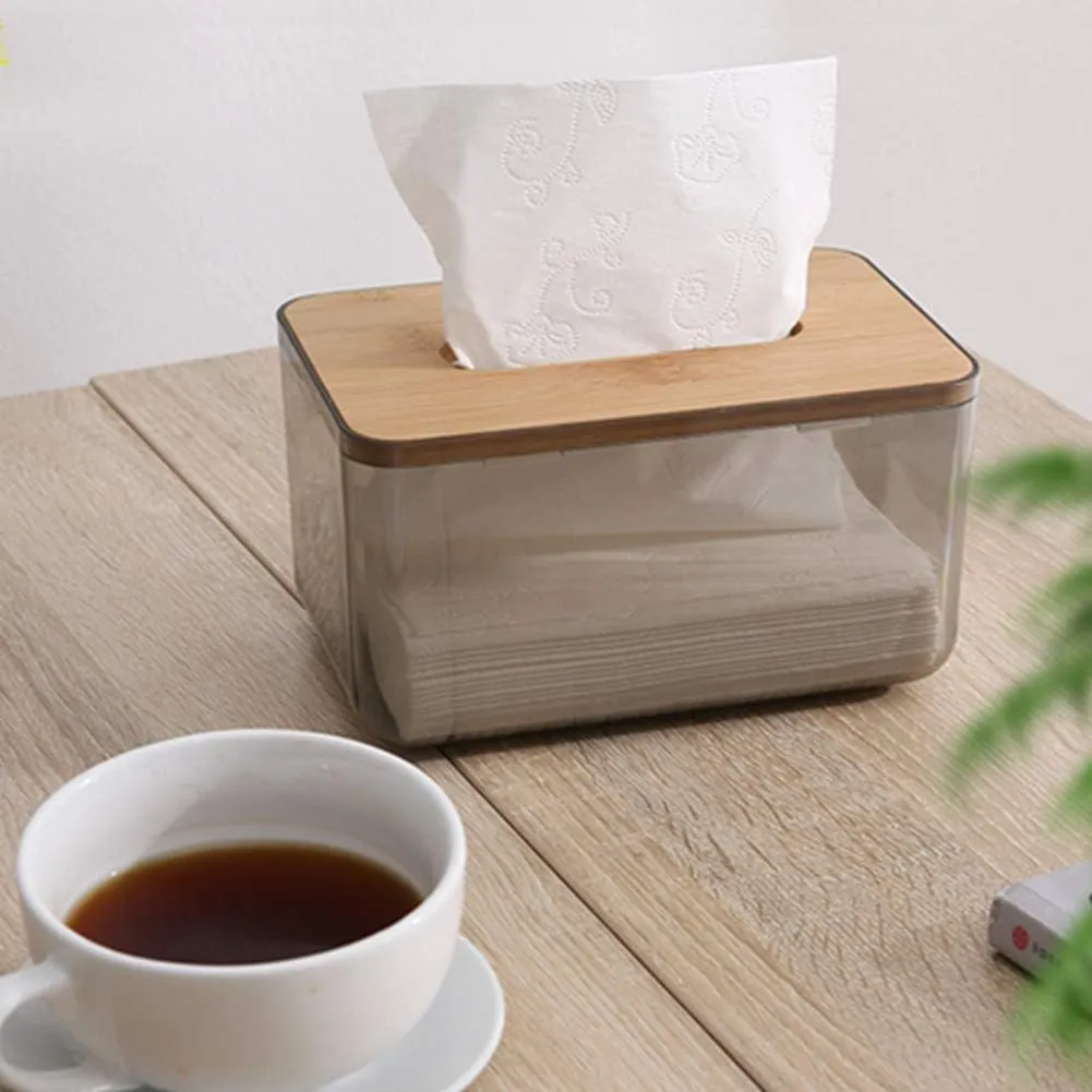 Bamboo Lid Tissue Paper Box-(5303)Large Transparent