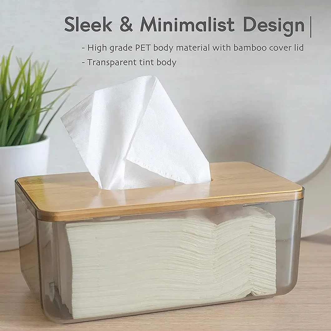 Bamboo Lid Tissue Paper Box-(5303)Large Transparent