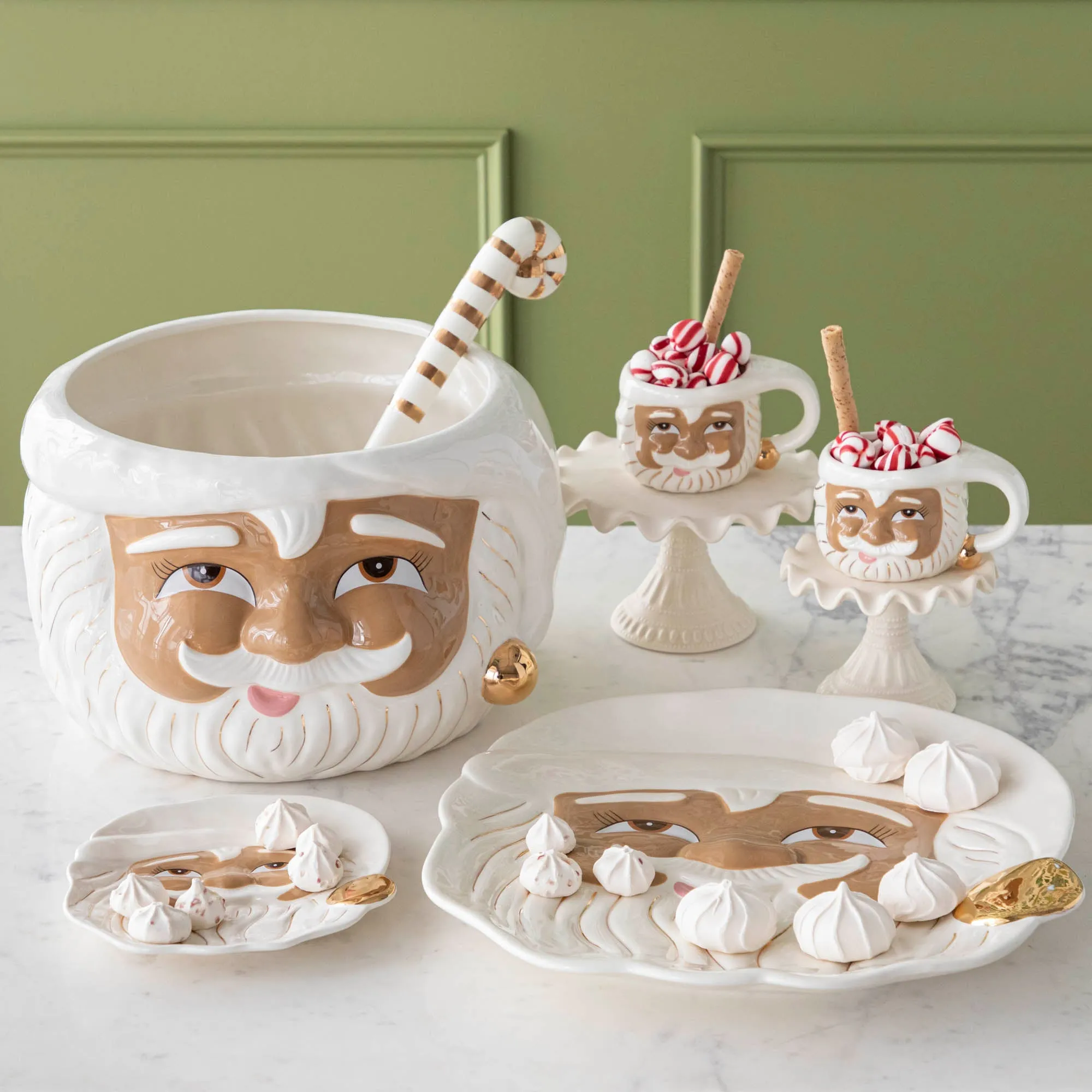 Vintage Brown Papa Noel Ceramic Punch Bowl Set with Ladle