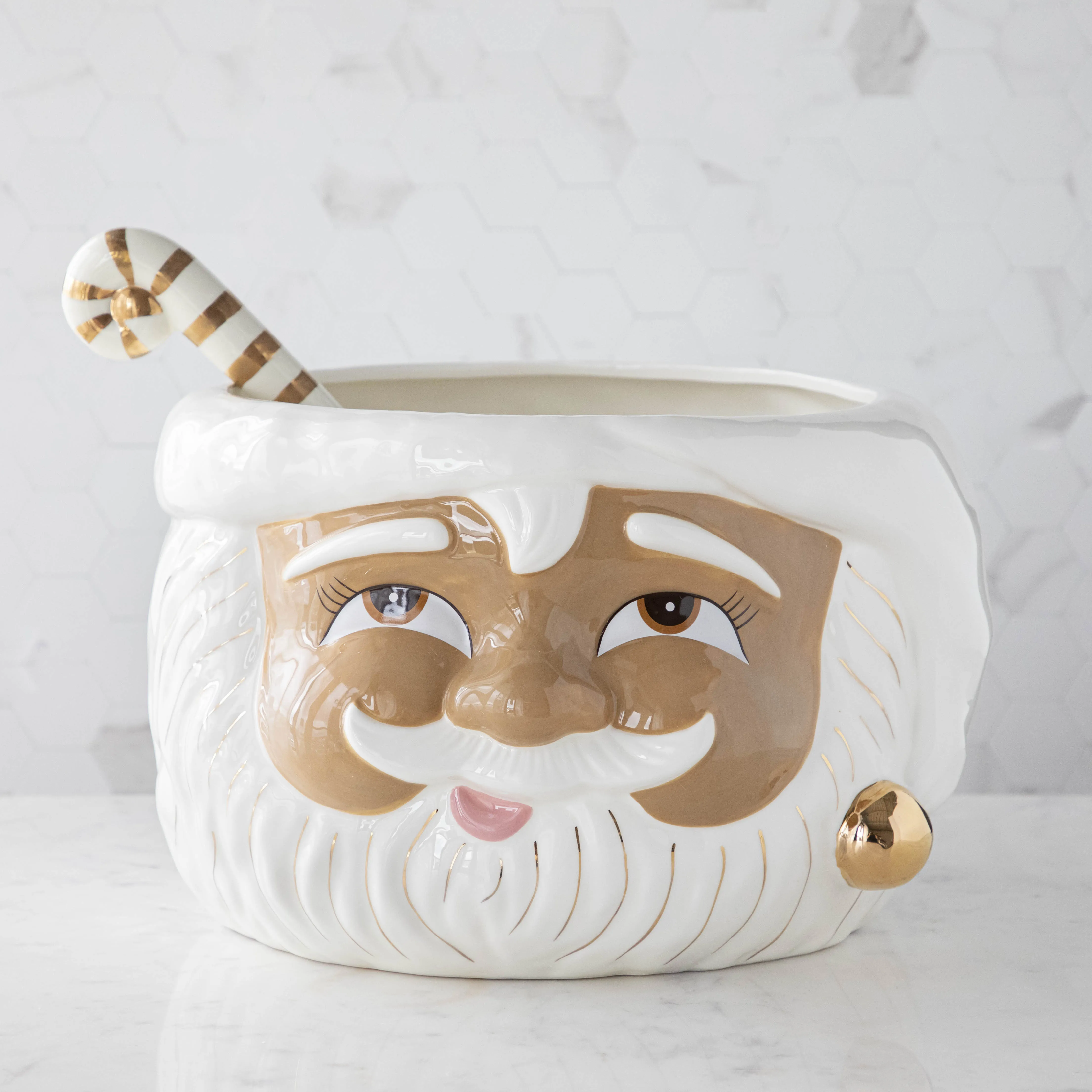 Vintage Brown Papa Noel Ceramic Punch Bowl Set with Ladle