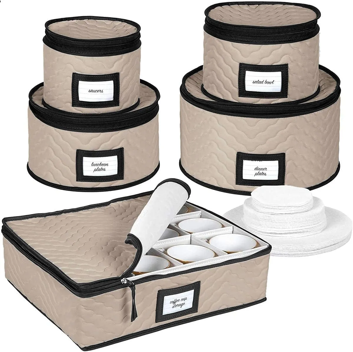 China Storage Containers 5-Piece Set Moving Boxes for Dinnerware, Glasses, Plates, Mugs and Saucers Sturdy Quilted Microfiber Dish Organizer with Dividers for Seasonal Storage - Brown