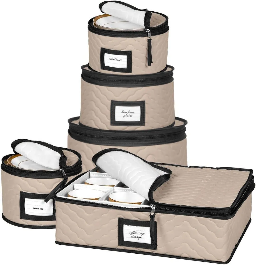 China Storage Containers 5-Piece Set Moving Boxes for Dinnerware, Glasses, Plates, Mugs and Saucers Sturdy Quilted Microfiber Dish Organizer with Dividers for Seasonal Storage - Brown