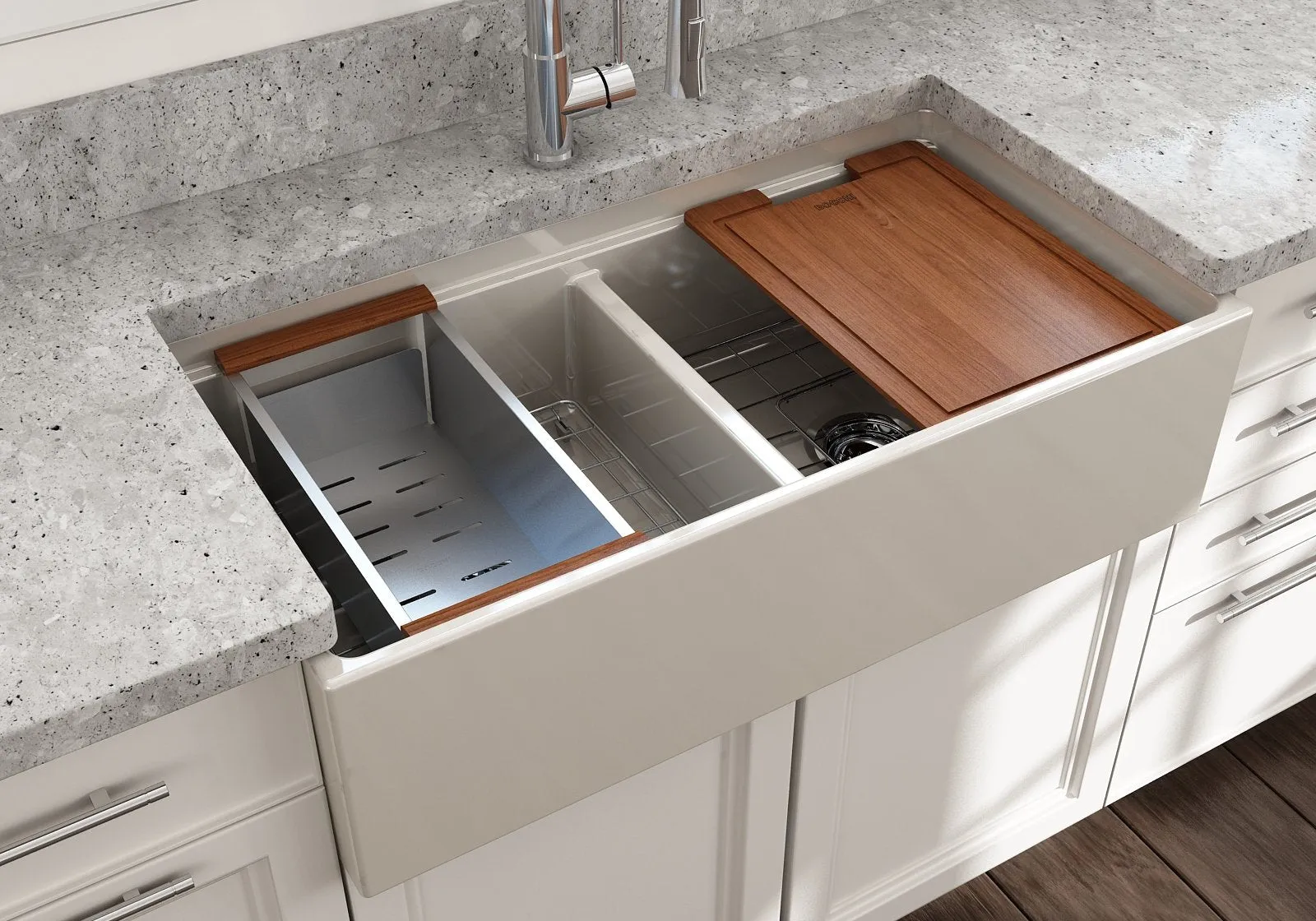 Contempo Step-Rim 36" x 19" x 10" Double-Basin Farmhouse Apron Front Kitchen Sink in Biscuit