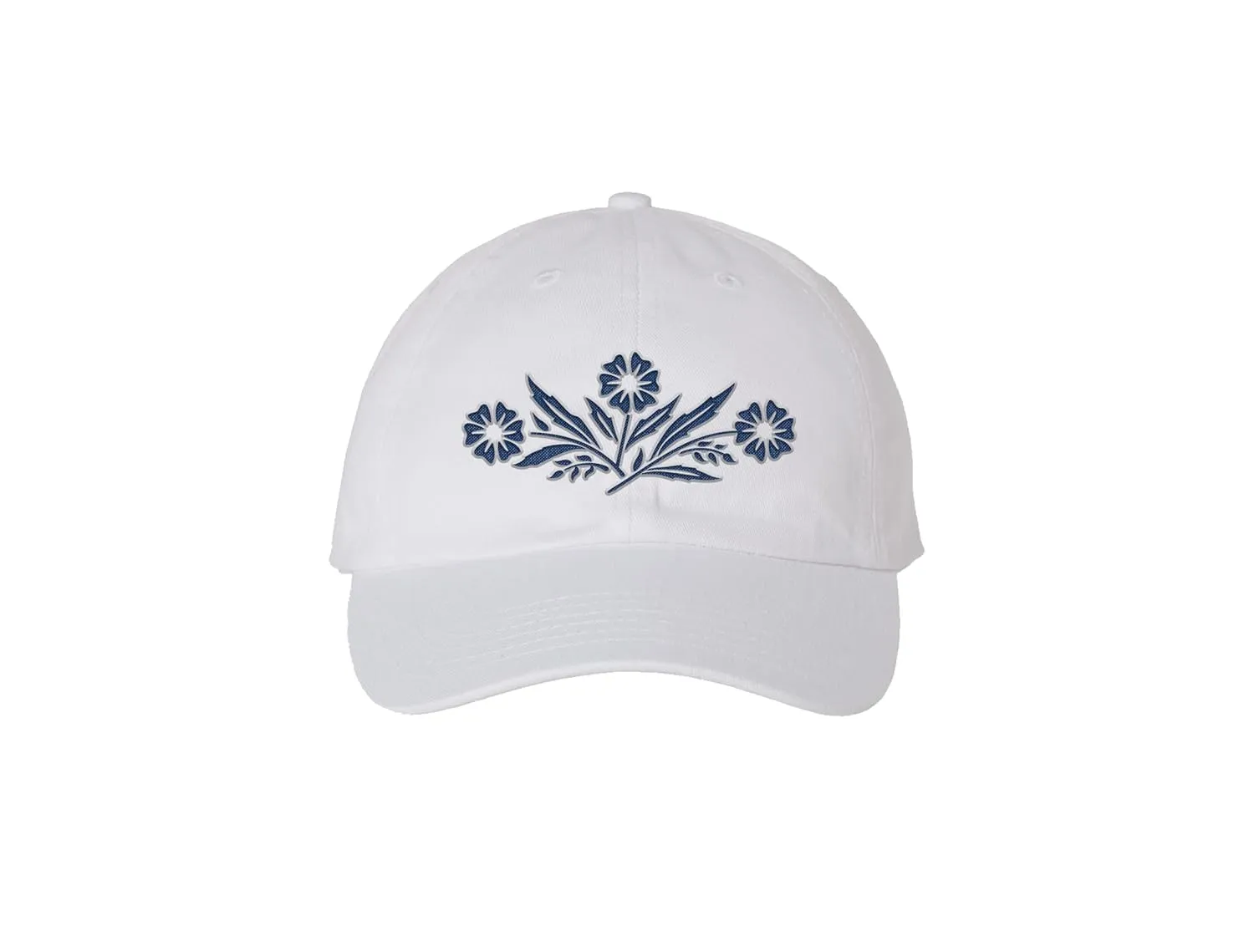Corning Cornflower Design White Embroidered Dad Hat with Royal Blue Thread