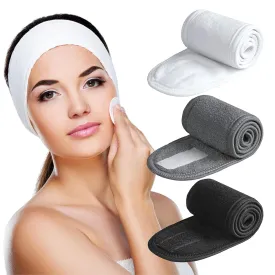 Denfany Spa Headband 3 Pack Ultra Soft Adjustable Face Wash Headband Terry Cloth Stretch Make Up Wrap for Face Washing, Shower, Facial Mask, Yoga (Black   White   Grey)