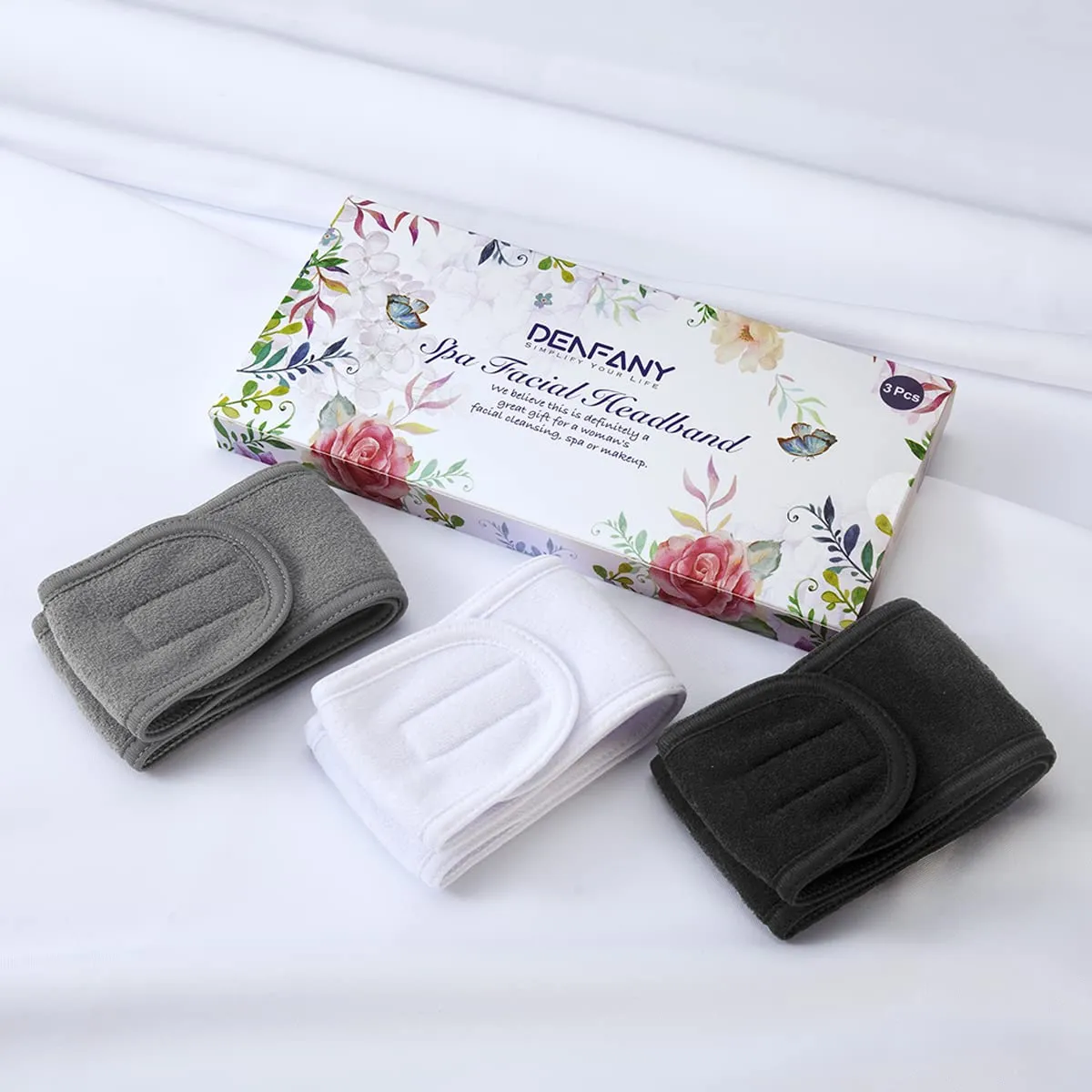Denfany Spa Headband 3 Pack Ultra Soft Adjustable Face Wash Headband Terry Cloth Stretch Make Up Wrap for Face Washing, Shower, Facial Mask, Yoga (Black   White   Grey)