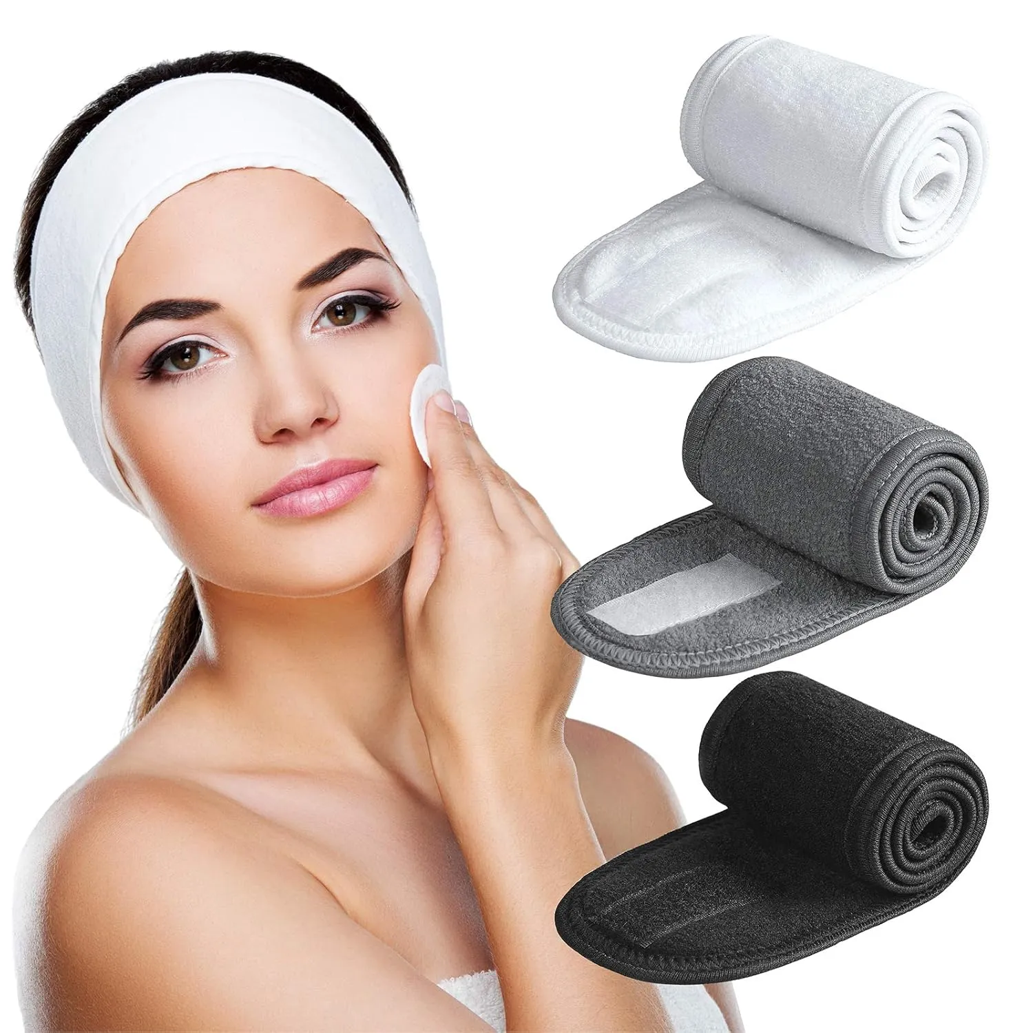 Denfany Spa Headband 3 Pack Ultra Soft Adjustable Face Wash Headband Terry Cloth Stretch Make Up Wrap for Face Washing, Shower, Facial Mask, Yoga (Black   White   Grey)