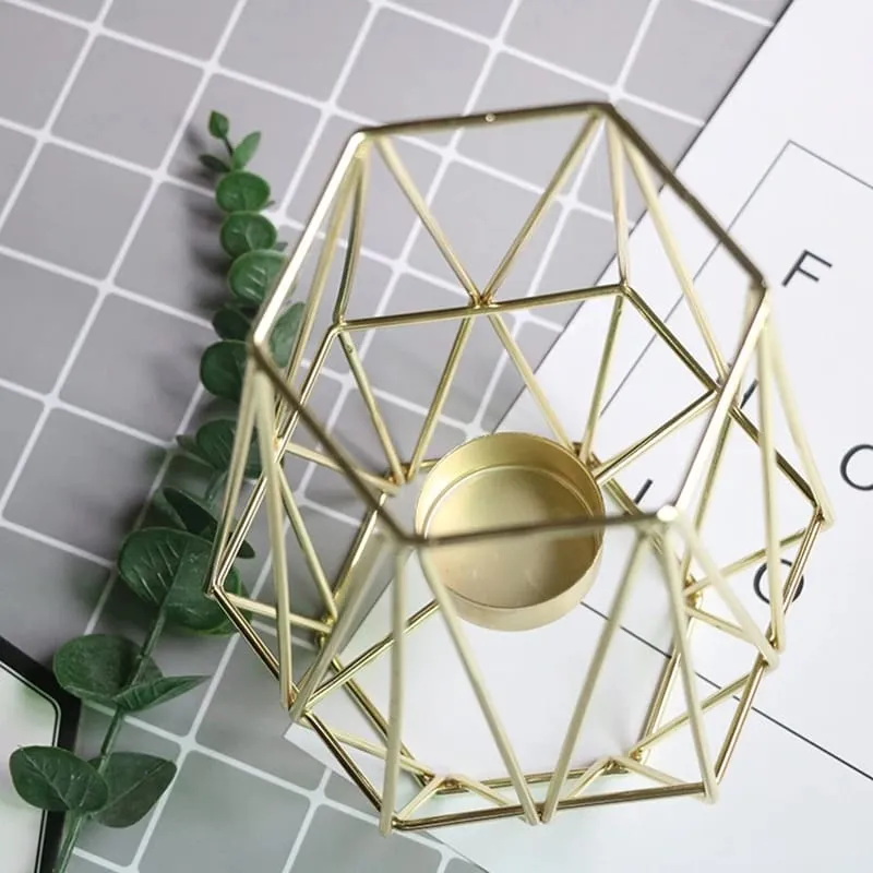 Hexagon Shaped Metal Candle Stand-(14306)Golden(SA2405-17)