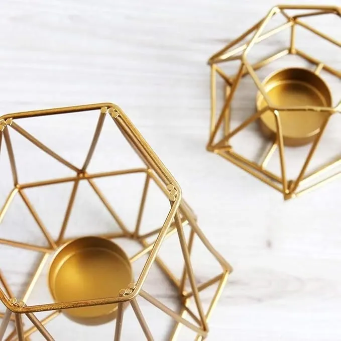 Hexagon Shaped Metal Candle Stand-(14306)Golden(SA2405-17)