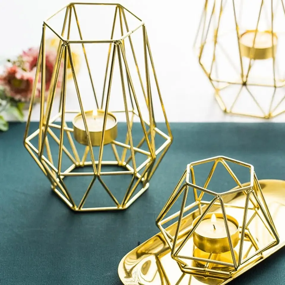 Hexagon Shaped Metal Candle Stand-(14306)Golden(SA2405-17)