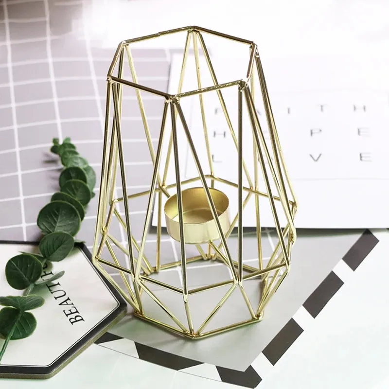 Hexagon Shaped Metal Candle Stand-(14306)Golden(SA2405-17)