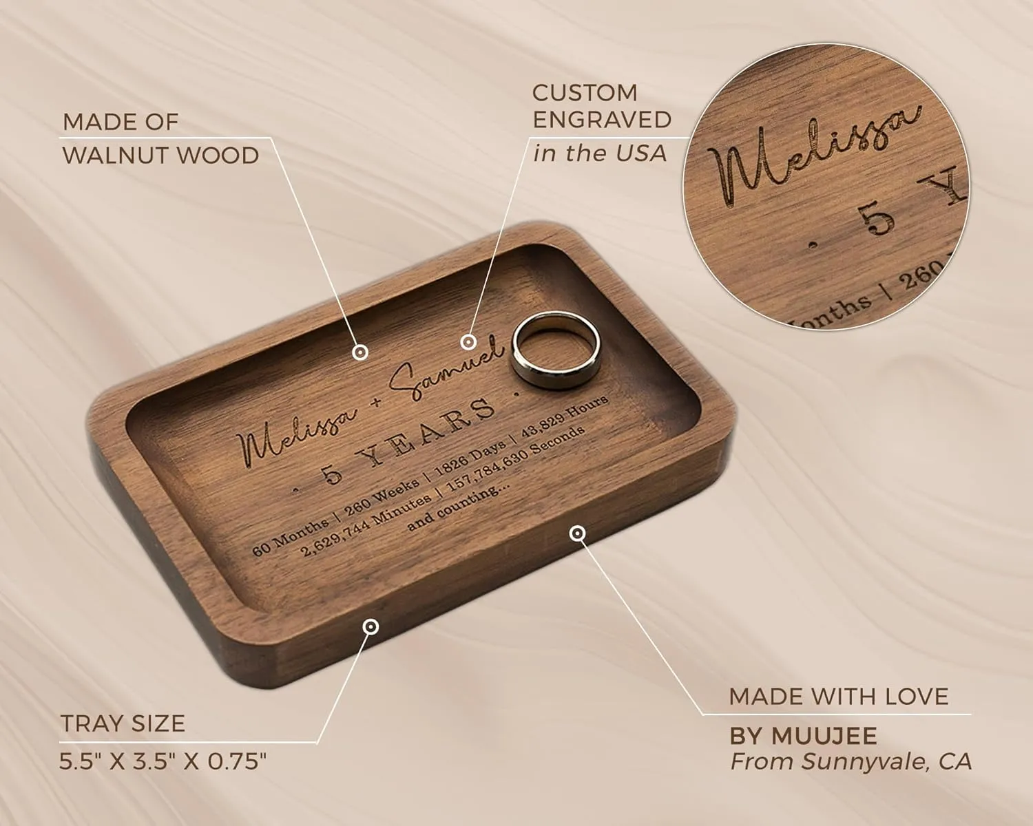 MUUJEE 5 Year Custom Engraved Rec Tray - Personalized Names on Wood Tray Small Jewelry Ring Dish 5 Year Wedding Anniv Gifts Ideas for Husband Wife (Custom)