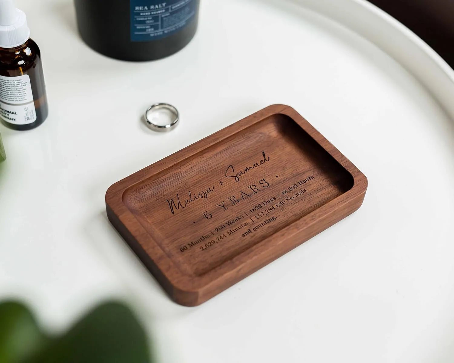 MUUJEE 5 Year Custom Engraved Rec Tray - Personalized Names on Wood Tray Small Jewelry Ring Dish 5 Year Wedding Anniv Gifts Ideas for Husband Wife (Custom)