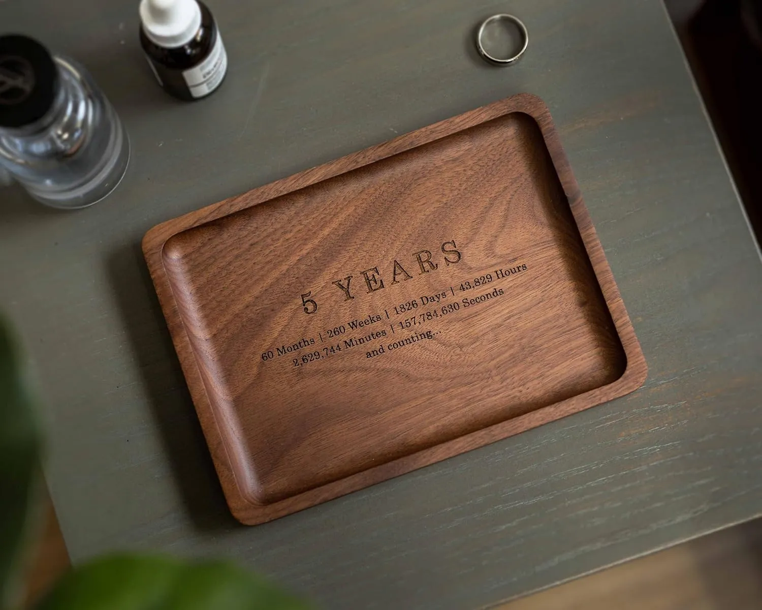 MUUJEE Ring Dish - Engraved Rectangle Wood Tray Small Jewelry Dish 5 Year Wedding Anniv Gifts Ideas (Large - 7.25" x 5.25")