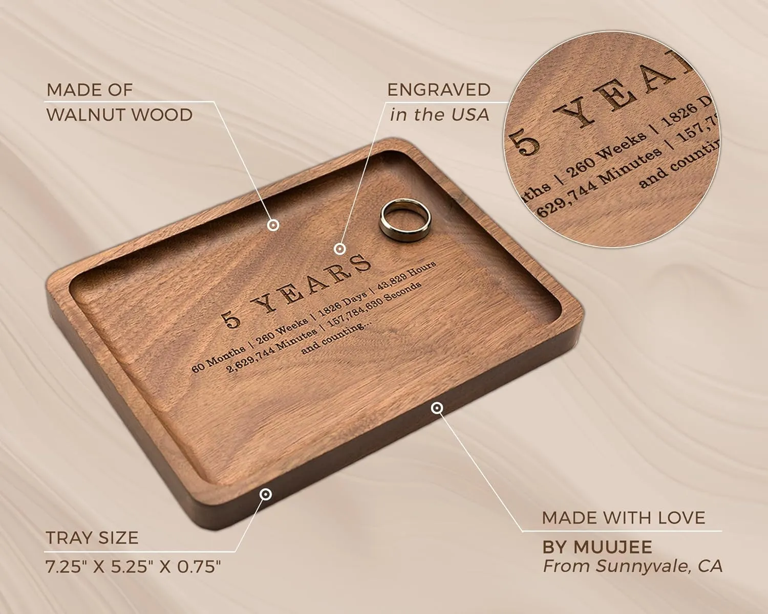 MUUJEE Ring Dish - Engraved Rectangle Wood Tray Small Jewelry Dish 5 Year Wedding Anniv Gifts Ideas (Large - 7.25" x 5.25")