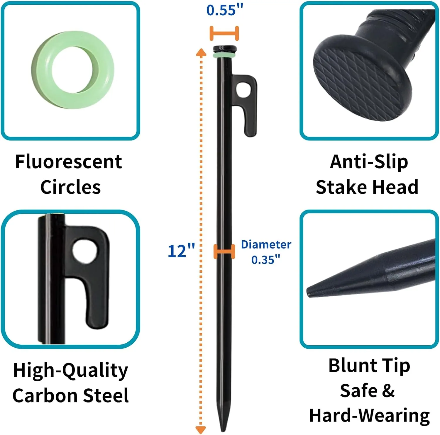 Pack of 8 Tent Stakes Heavy Duty for Camping, 12Inch Carbon Steel Tent Stakes, Ground Anchors Tent Accessories with Fluorescent Silicone Rings (30cm)