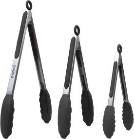 Popco Kitchen Tongs Set - Heavy Duty 3-Piece Cooking Tongs Silicone - Rubber Tong for BBQ, Grilling, and Serving - Kitchen Tong with Silicone Tip - Durable and Heat Resistant - 7/9/12 Inch