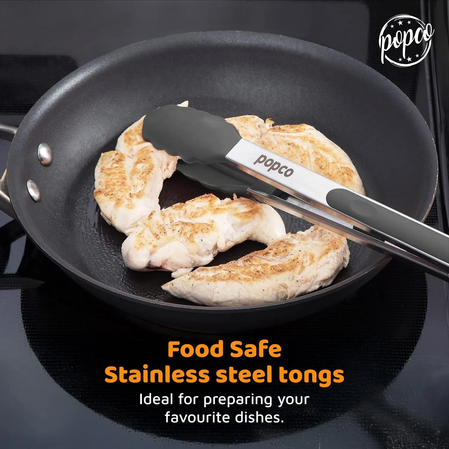 Popco Kitchen Tongs Set - Heavy Duty 3-Piece Cooking Tongs Silicone - Rubber Tong for BBQ, Grilling, and Serving - Kitchen Tong with Silicone Tip - Durable and Heat Resistant - 7/9/12 Inch