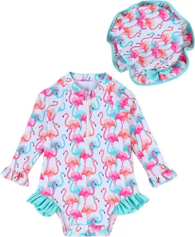 puseky Baby Girls One Piece Swimsuit Zip Rash Guard with Hat Set Swimwear Ruffled Cute Newborn Baby Girl Bathing Suit