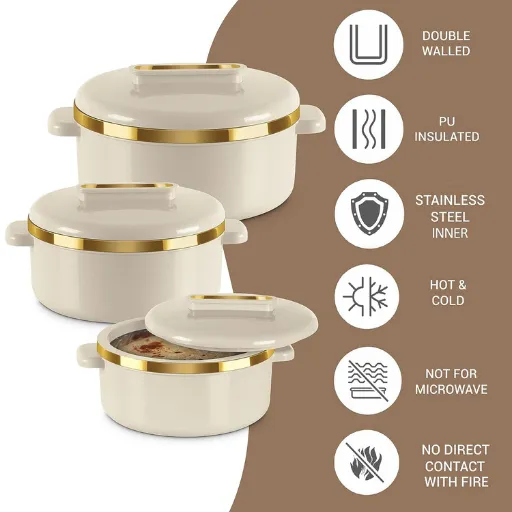RISHABH Premium Pearl White Insulated Casserole Set with Lid – Includes 1500 ml, 2000 ml, and 2500 ml Sizes