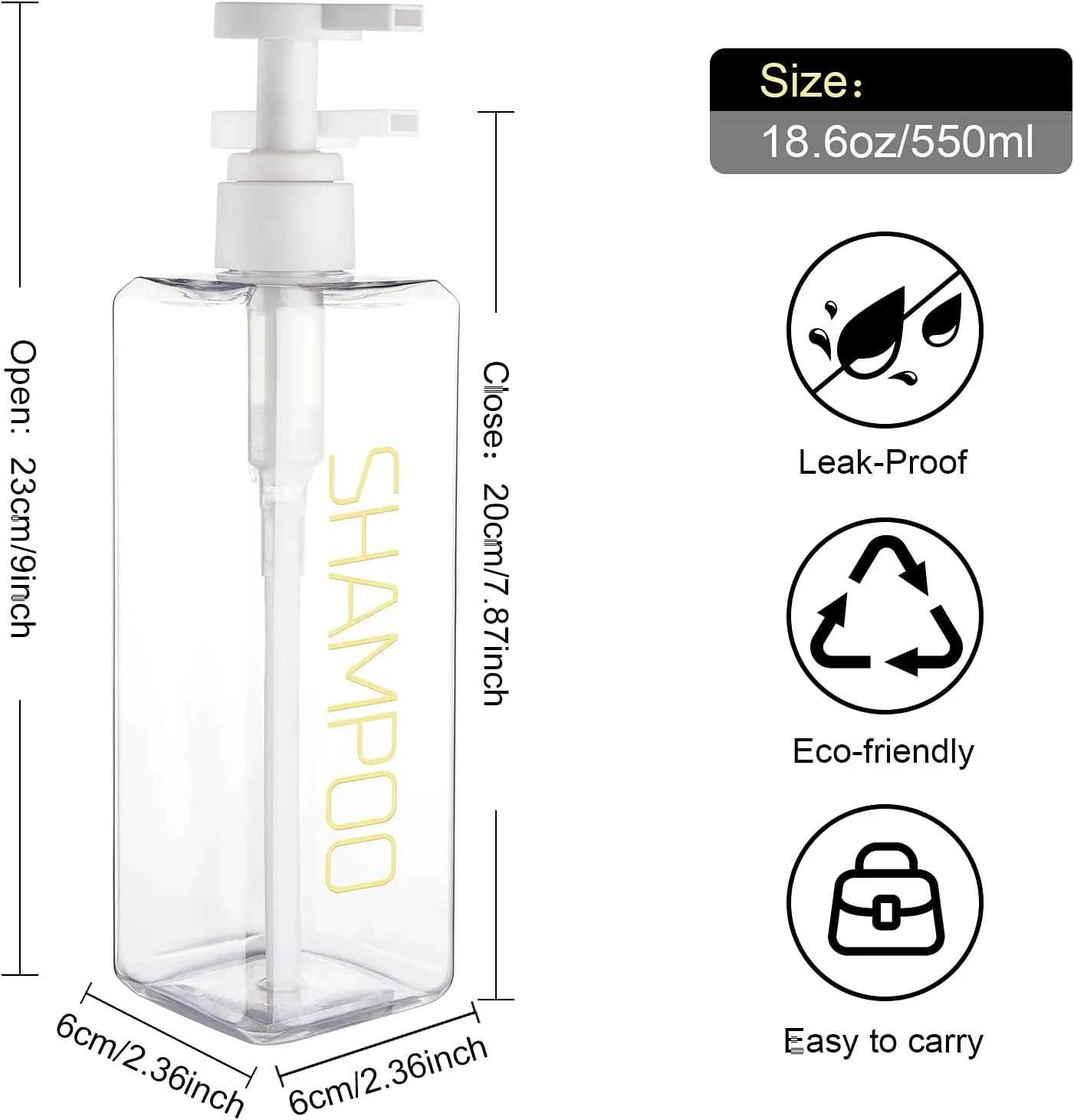 Shampoo and Conditioner Dispenser Shower Soap Bottles 3 Pack 550ml/18.6oz Refillable Shampoo Pump Bottle Dispenser Plastic Empty Body Wash Dispensers with Stylish Permanent Labels for Bathroom (Clear)