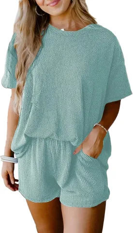 SHEWIN Two 2 Piece Sets for Women Short Sleeve Shirts High Waisted Shorts with Pockets Pajamas Lounge Matching Set