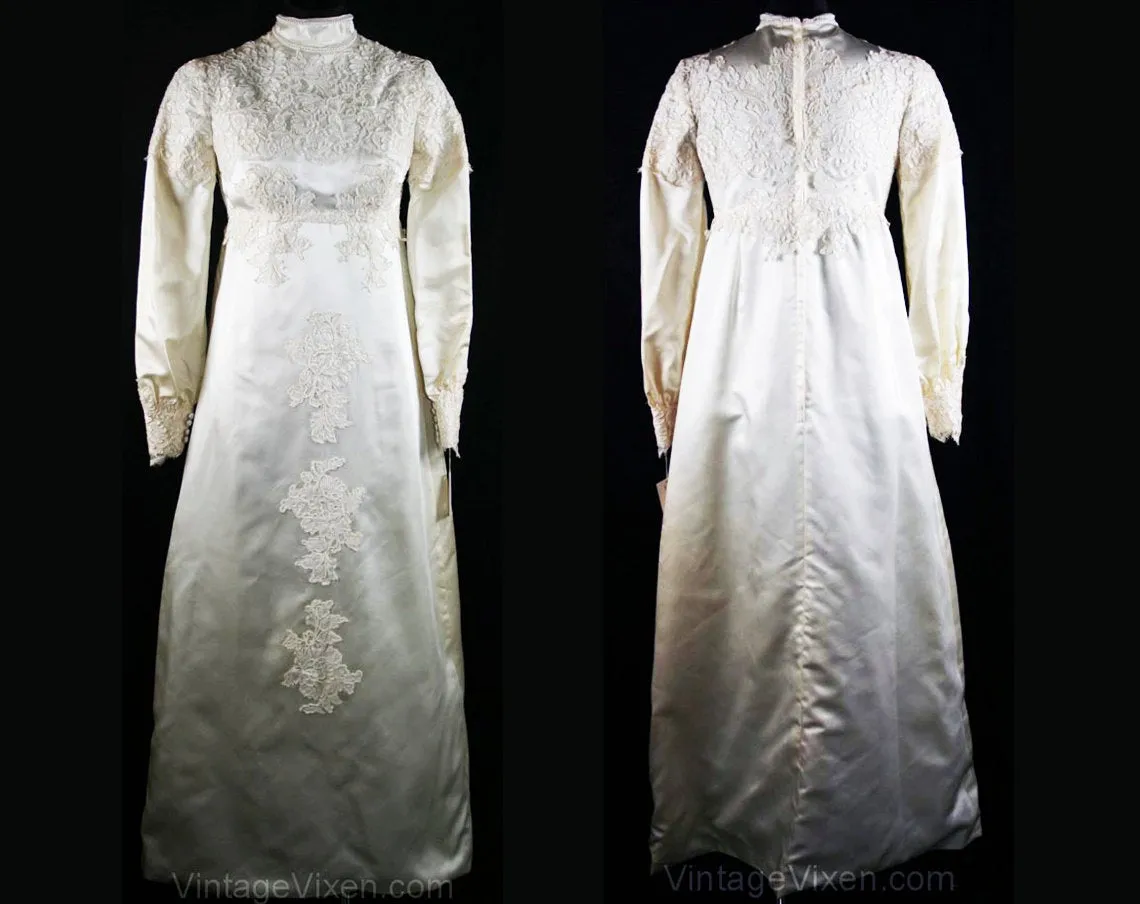 Size 8 Wedding Dress - Elegant Lace Satin Bridal Gown with Pearl Collar - Detachable Train - 60s Deadstock - Bust 34.5 - Waist 29 - 34163-1
