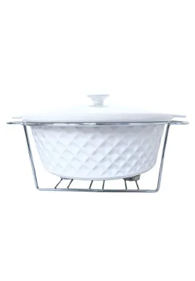 Slique Ceramic Round 3-Burner Casserole Dish 3.5L with Glass Lid and Chrome Stand