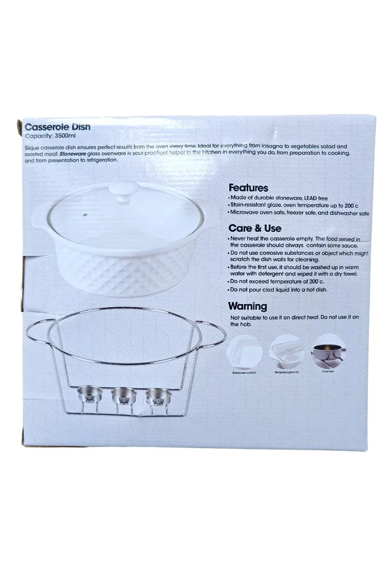 Slique Ceramic Round 3-Burner Casserole Dish 3.5L with Glass Lid and Chrome Stand