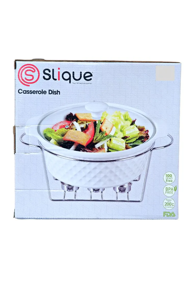 Slique Ceramic Round 3-Burner Casserole Dish 3.5L with Glass Lid and Chrome Stand