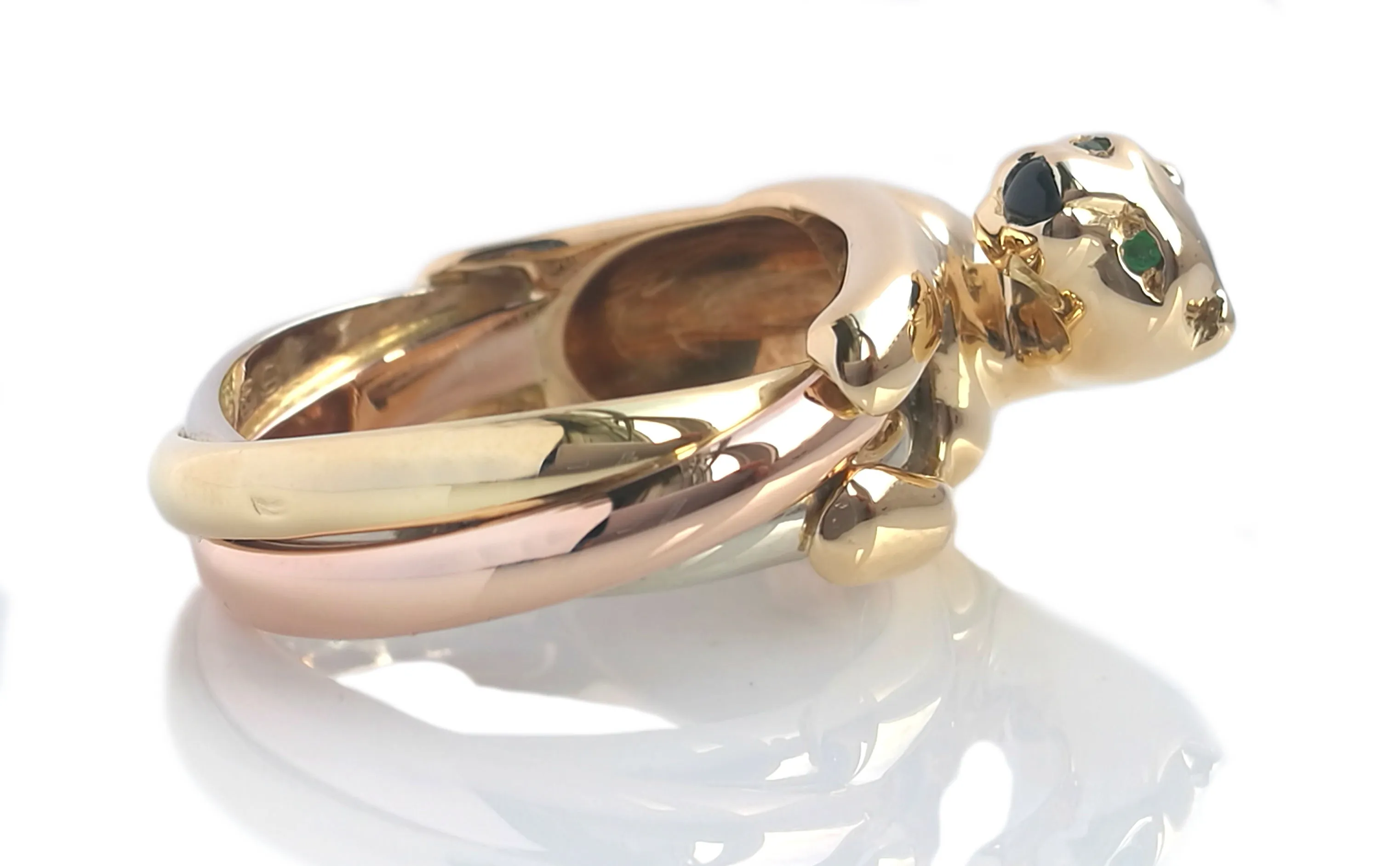 Vintage Cartier Panthere Trinity Ring in 18k Gold & Emerald, Size 52